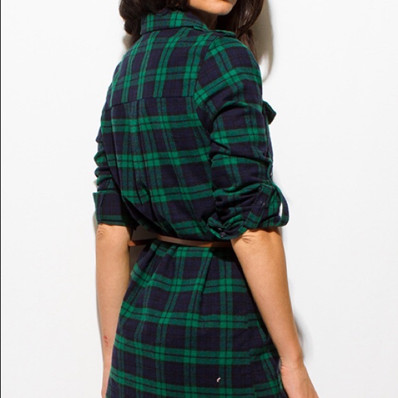 Green Plaid Tunic Dress with Belt - Picture 6 of 8